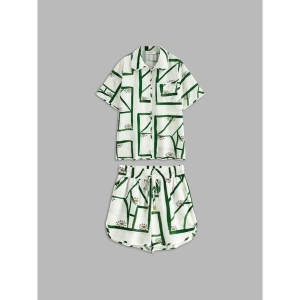 Commense Set Green Abstract Print Button Down Shirt & Drawstring Shorts M - Picture 11 of 16